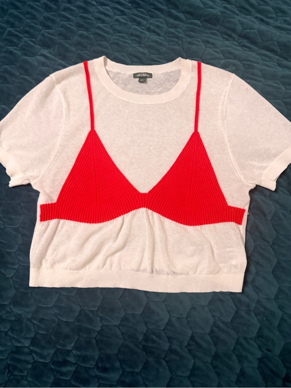 wild fable Red Bralette Bikini Knit Overlay White Tee Large Short Sleeve